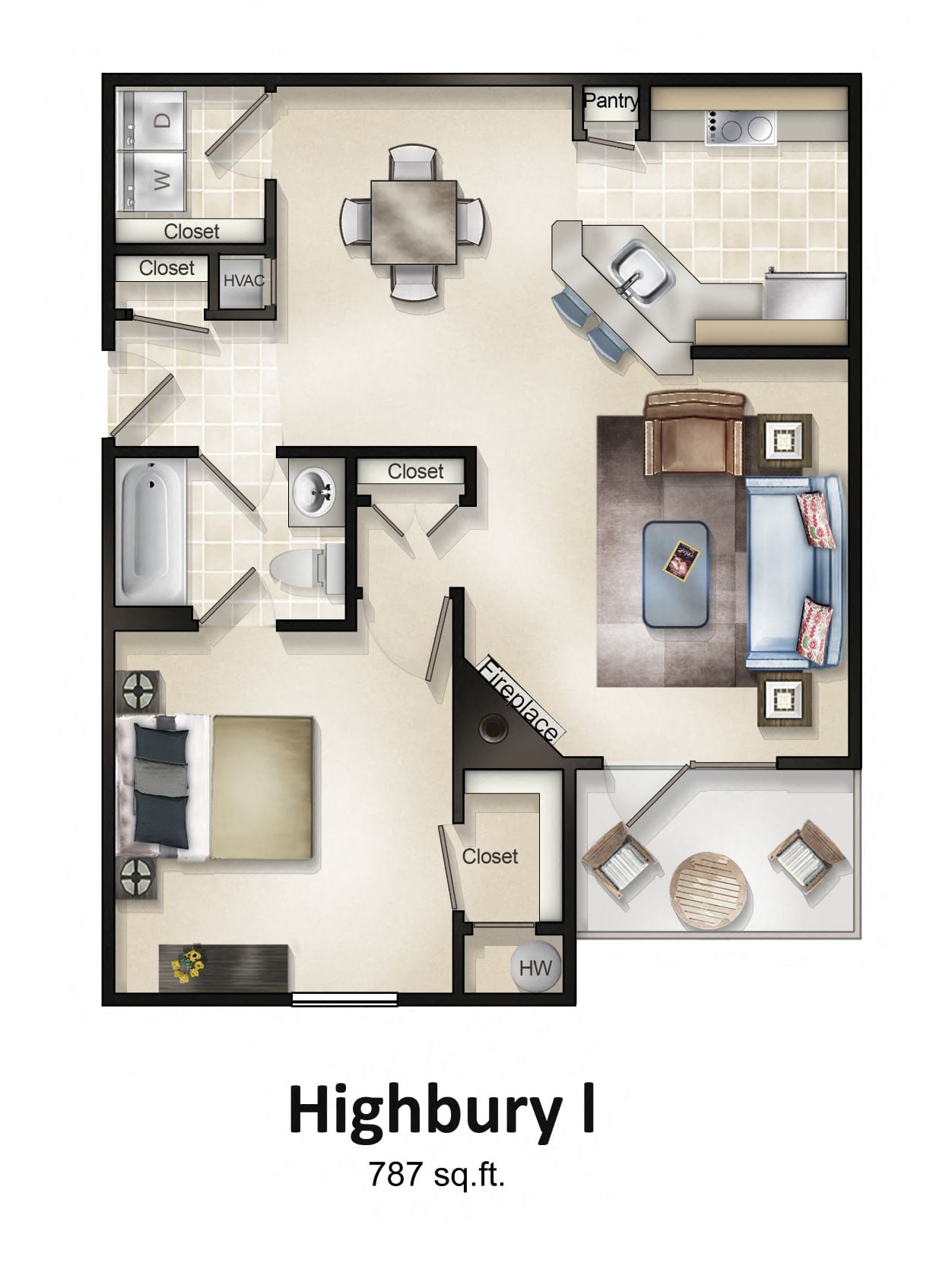 Floor plan for 1 bed, 1 bath, 832 sqft